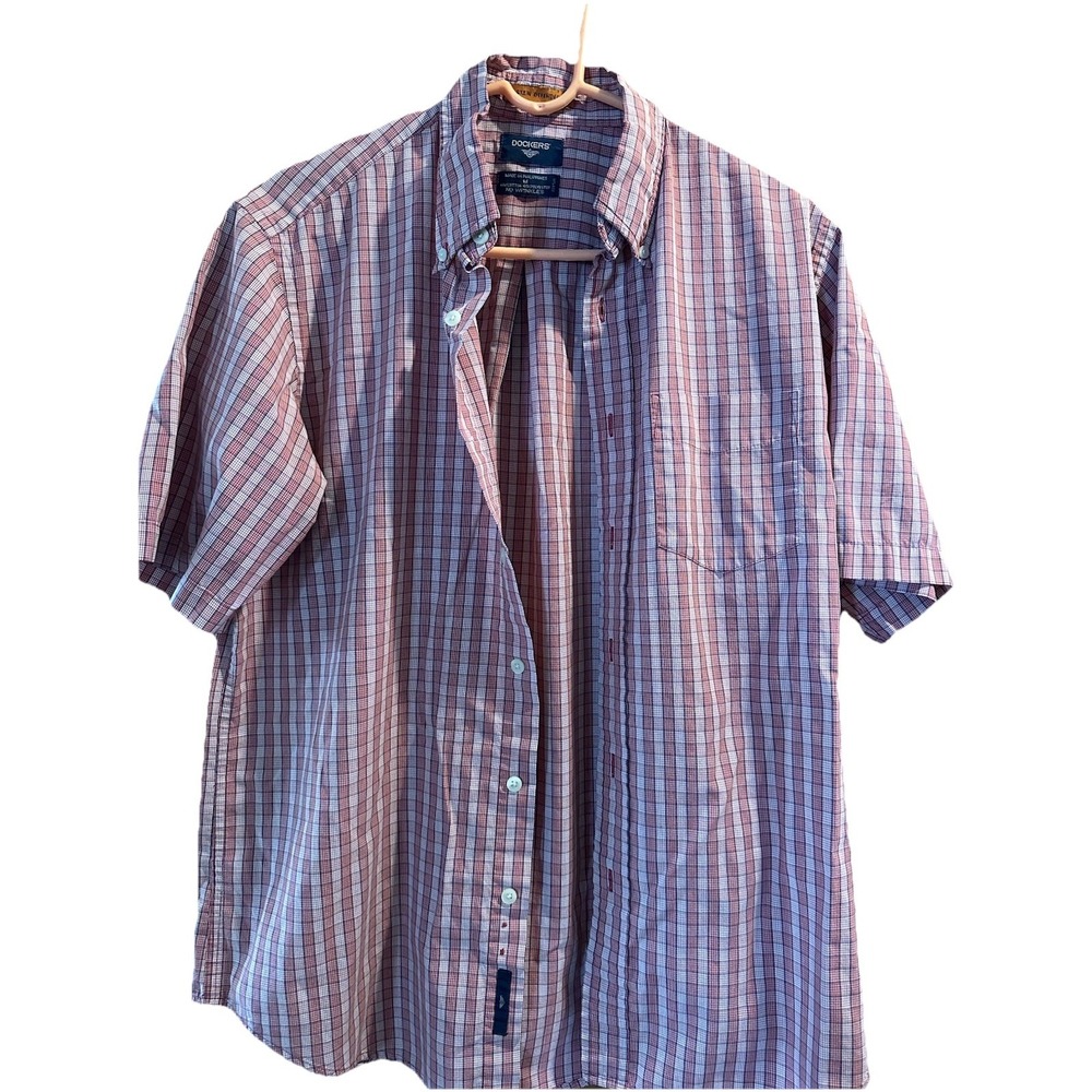 Men's Dockers Stain Defender Plaid Short Sleeve Button-Up Shirt M Red Blue